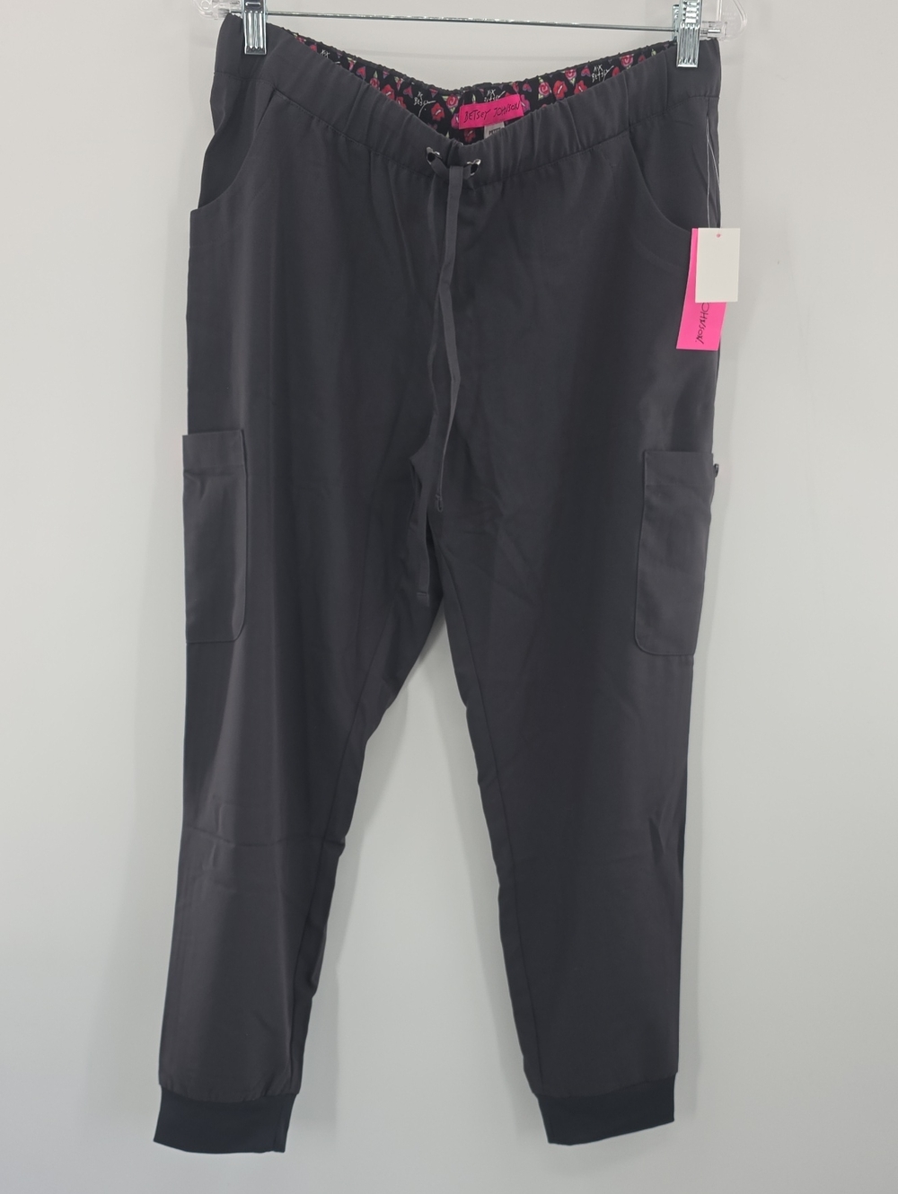 Betsey Johnson Black Drawstring Cargo Joggers with Pink Trim